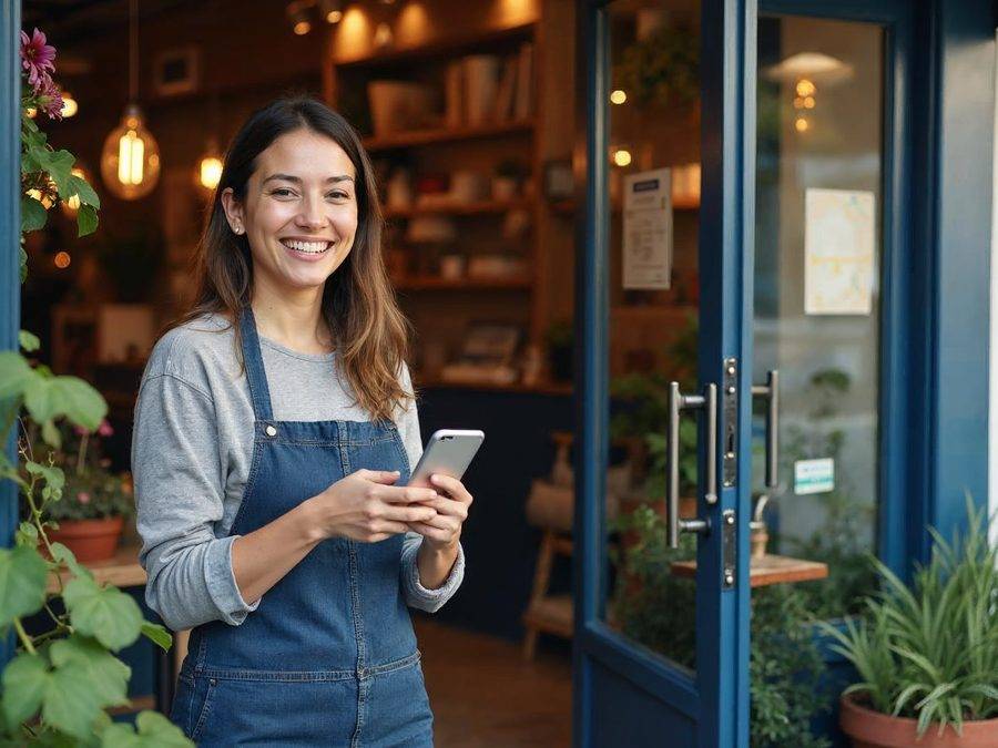 A shop owner holding a phone that shows her business listing and a map pin
